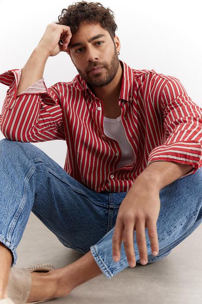 NGR Tenby Striped Cotton Linen Shirt Red