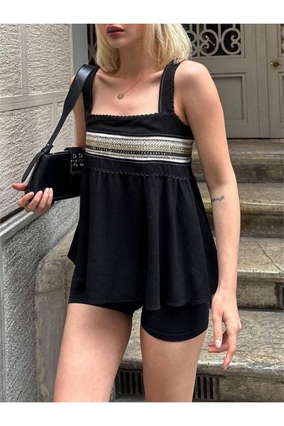 trend henna Bluz with Stripes of Straw - Black
