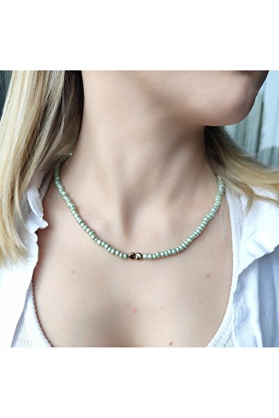 MYSTERY TAKI AKSESUAR Gold Heart Detailed Bead Necklace