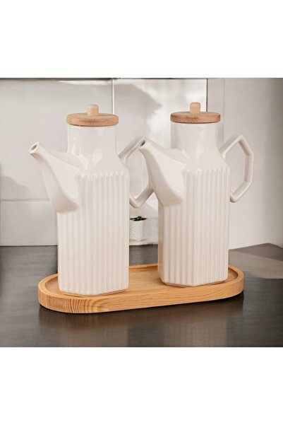 Pembelia Life Bambu Standlı 2’li 1000 ml Prizma Porselen Ayçiçek Yağı Zeytin Yağı Takımı 3 Parça Yağdanlık Set