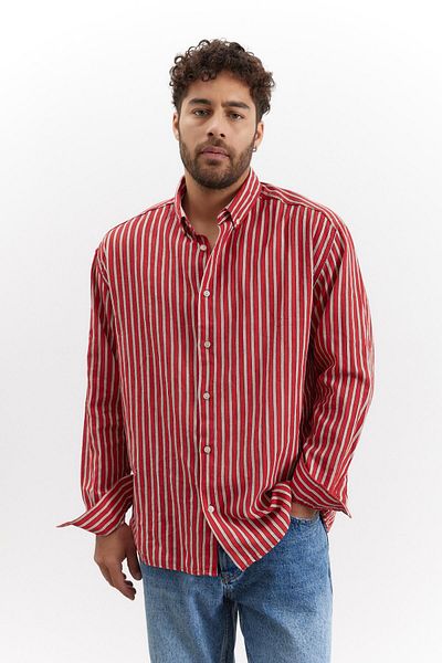 NGR Tenby Striped Cotton Linen Shirt Red