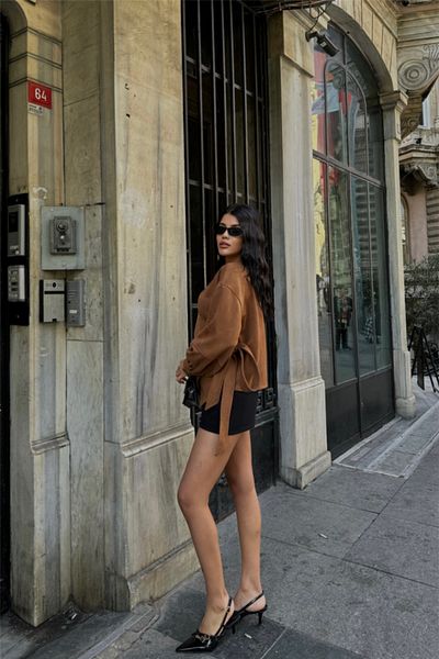 modaserdem    Suede Double Breasted Bluz with Lace Detail - Tan
