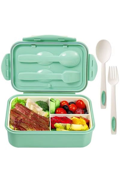 COOYA 3 Compartments Bento Lunch Box, 1400 ML with Spoon & Fork, for kids Adults (Green)