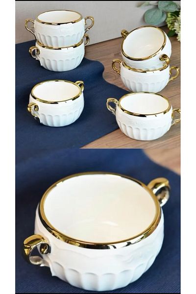 Paçi Muba Concept Porcelain Gold Gilded White 6-Piece Bowl with Handle