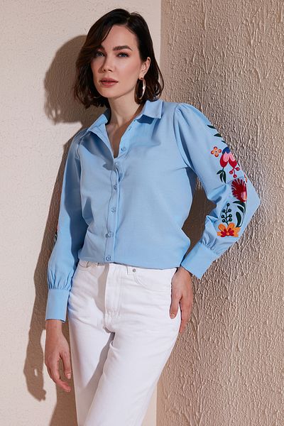 Lela Cămașă din bumbac cu mâneci cu bule de aer, cu croială normală, cu broderie florală CAMISA 611GO003