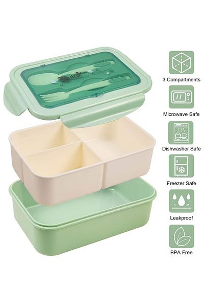 COOYA 3 Compartments Bento Lunch Box, 1400 ML with Spoon & Fork, for kids Adults (Green)