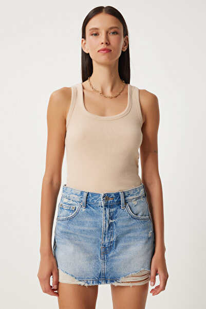 Lovelyİstanbul Thick Strap Corded Knitted Tank Top - Cream Lhj0001