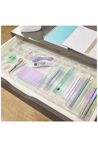 COOYA 10-Piece Stackable Clear Drawer Organizer Set, Multi-size Trays, Makeup Vanity Storage Bins