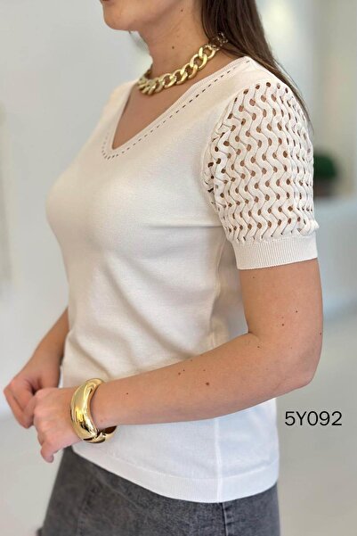 İnce Topuk Openwork Sleeves Steel Knitwear Blouse 5Y092