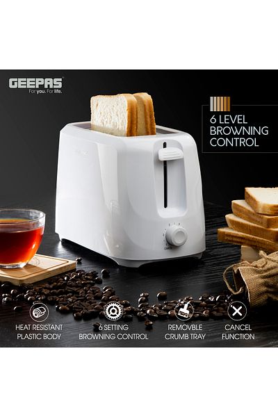Geepas 2 Slice Bread Toaster Variable Browning Settings| Cancel Function, Removable Crumb Tray , Wide Slots