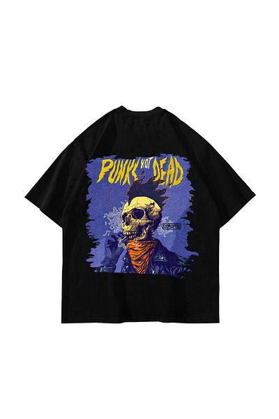 Sekizbiraltı Punks Not Dead Back Printed Oversize Unisex Μαύρο Tshirt