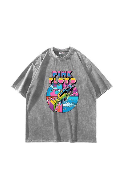 Sekizbiraltı Tricou alb unisex supradimensionat - P. Floyd imprimat și spălat