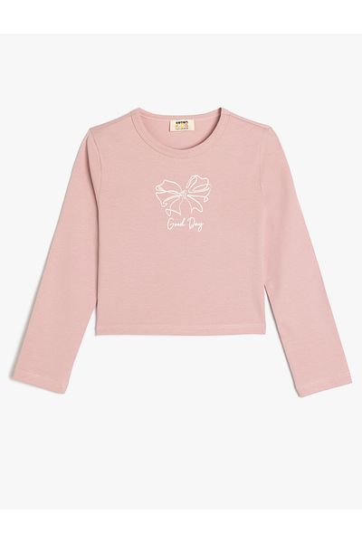 Koton Crop T-Shirt Long Sleeve Teddy Bear Printed Crew Neck Cotton