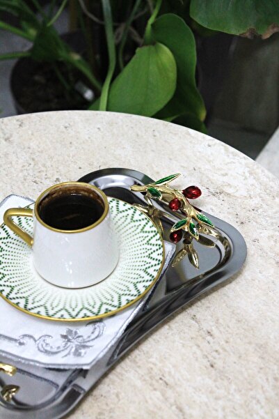 Moon Dizayn 3 KİŞİLİK İTALYAN KİRAZLI KULP TASARIM GÜMÜŞ KAHVE SUNUM TEPSİSİ