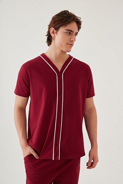 koza iç giyim Erkek Kısa Kollu Pamuklu Gömlek Yaka Düğmeli Biyeli Pijama Takımı