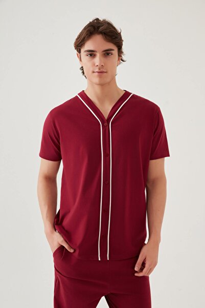 koza iç giyim Erkek Kısa Kollu Pamuklu Gömlek Yaka Düğmeli Biyeli Pijama Takımı