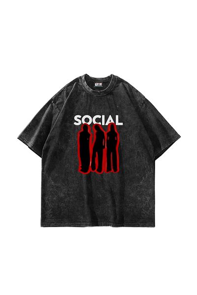 Sekizbiraltı Social Printed πλενόμενο μαύρο μπλουζάκι Unisex Oversize
