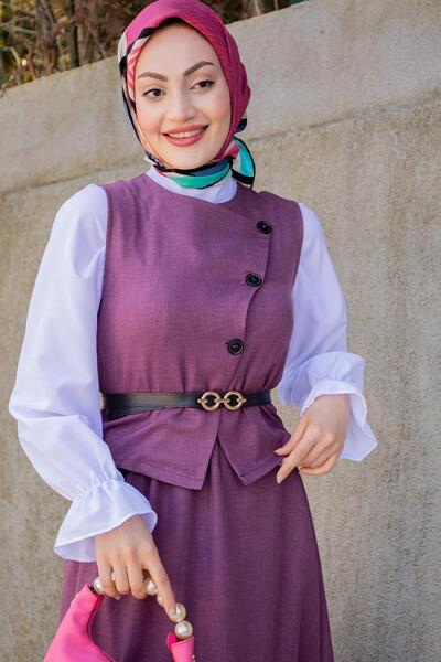 Tesettür Çarşım Ally Keten Yelek Etek Takım-Lila