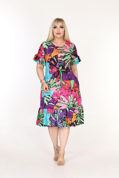 mezura tekstil Plus Size Knee-Length Sleeve And Skirt Ruffle detailed short sleeve Stylish Pocket Viscose Combed Cotton Dress