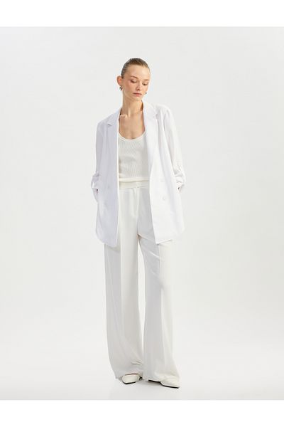 Koton Fold Detailed Crepe Fabric 3/4 Sleeve Double Breasted Long Oversize Blazer Jacket