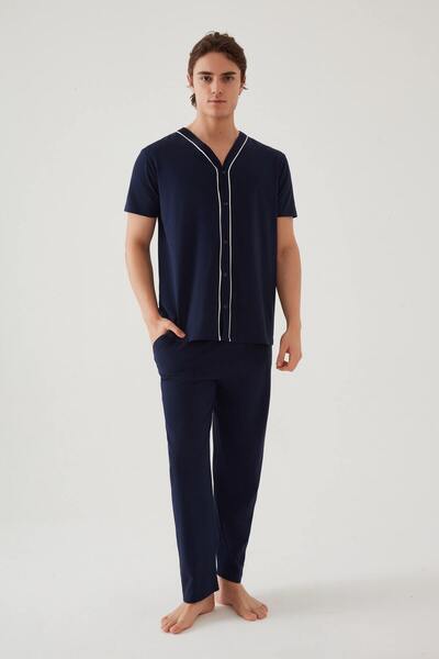 koza iç giyim Men's Short Sleeve Cotton Shirt Collar Button Ribbed Pajamas Set