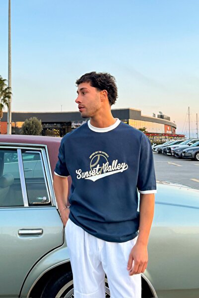 Flaw Wear Sunset Valley Baskılı Oversize Tişört İndigo