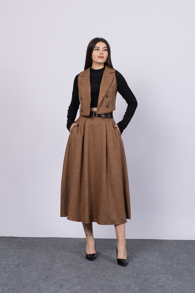 MissVina Midi-Length Belt Pocket Skirt and Jacket Collar Lined Vest Suit 1156