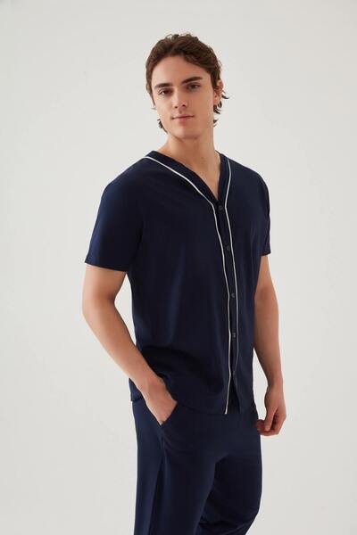 koza iç giyim Men's Short Sleeve Cotton Shirt Collar Button Ribbed Pajamas Set