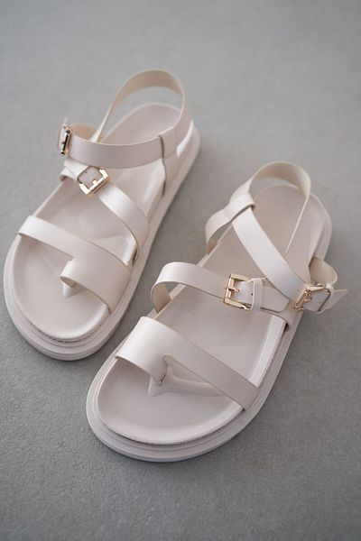 selinshoes Summer Flip Flop Double Buckle Detailed Ankle Strap Women's Sandals - Ecru