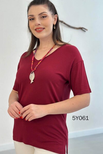 İnce Topuk V-Neck Slit Viscose Tshirt 5Y061