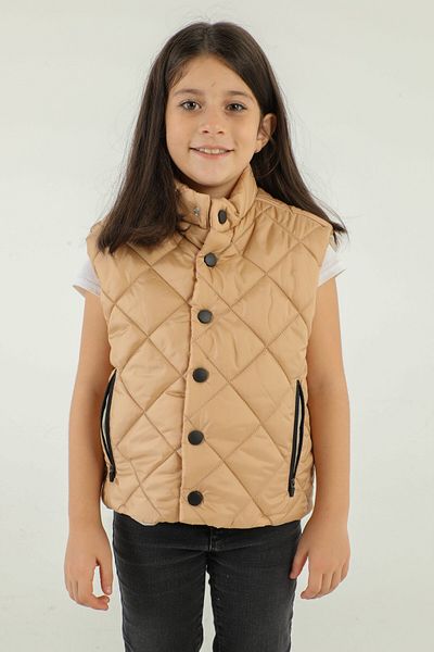 Black One Stand Collar Baklava Pattern Detailed Girl's Vest