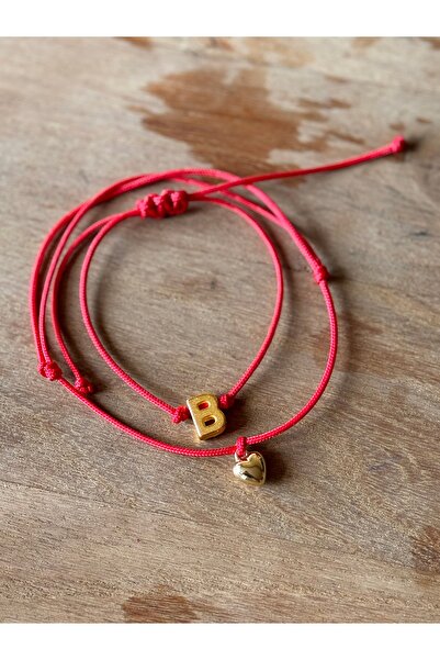 Ben Aleina Harfli Bileklik ve Halhal Seti Ayarlanabilir Kırmızı İp Kalp Halha...