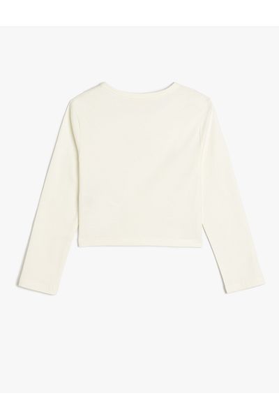 Koton Crop T-Shirt Long Sleeve Cat Printed Crew Neck Cotton