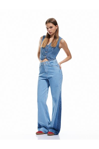 Koton Stone Detailed Sleeveless Cotton Crop Denim Vest