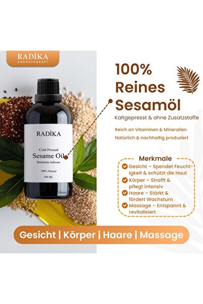 Radika Aromatherapy Sesamöl, Kaltgepresst, 100% Rein, Bio, Natürlich, 100 ml
