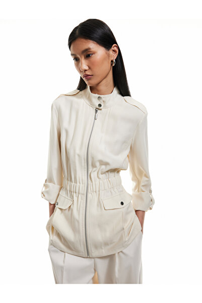 Koton Viskon Uzun Kollu Cepli Fermuarlı Dik Yaka Kısa Trençkot