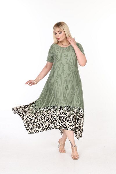 mezura tekstil Plus Size Women's Comfortable Cut Patterned Short Sleeve Asymmetric cut skirt Viscose Combed Cotton Dress