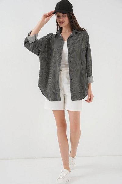 modaserdem    Striped Oversize Shirt 20295 - Black