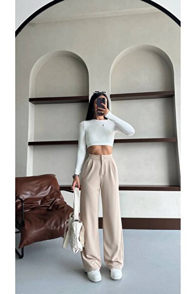 Giyimsel Kadın Krem Yüksek Bel Pileli Palazzo Kumaş Pantolon