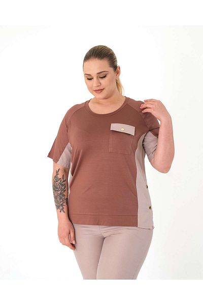 Vedi Plus Size Round Neck Short Sleeve Pocket Detailed Women's Blouse 25Yxd5035