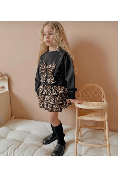 meymers Set de top și fustă pentru fete, cu model leopard, cu panglică și hanorac