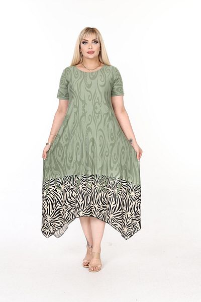 mezura tekstil Plus Size Women's Comfortable Cut Patterned Short Sleeve Asymmetric cut skirt Viscose Combed Cotton Dress