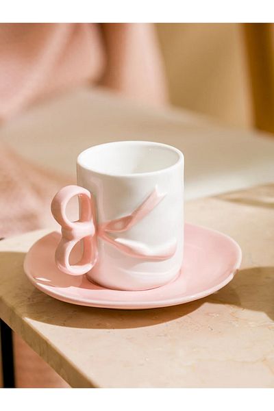 LC Waikiki Lcw Home Pink Bow Patterned 2-Person Porcelain Coffee Cup Set 90 ml
