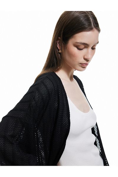 Koton 3/4 Short Sleeve Openwork Basic Knitwear Long Cardigan