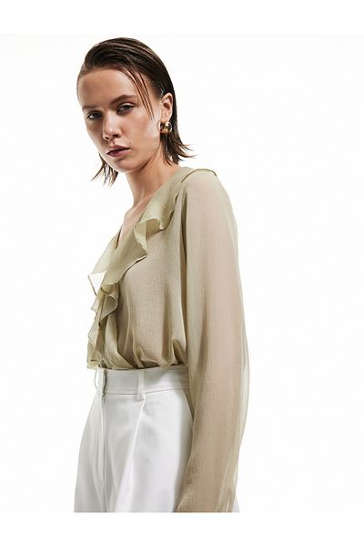 Koton Semi-Transparent Flounce Long Sleeve V-Neck Ruffle Chiffon Shirt