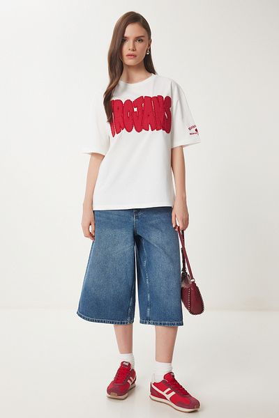 Lovelyİstanbul Bead Embroidered Slogan Cotton T-Shirt Ecru Lcr0037