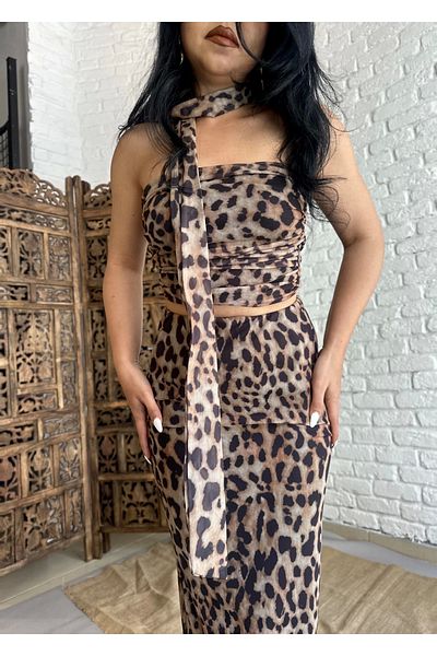 moneta boutique Leopard Patterned Strapless Women's Bustier and Skirt Set