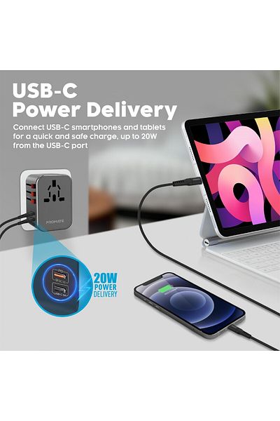 Promate Travel Adapter With 1840w Ac Socket, 20w Usb-c Pd, 15w Usb-c And 3 Usb Ports, Tripmate-36w