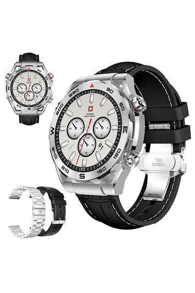 Swiss Military DOM3 Smartwatch- 1.43" AMOLED, Bluetooth Calls, HR/BP/O2 Monitoring, Wireless Charging, IP67-Black