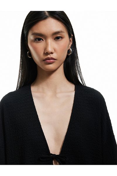 Koton Long Sleeve Textured Long Cardigan with Bow Tie Detail
